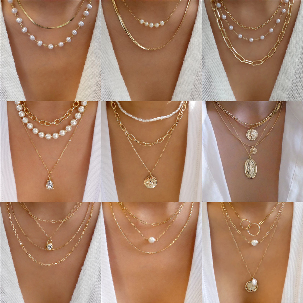 Pearl Choker Necklace Vintage - قلادة كريستال متعددة الطبقات للنساء ،