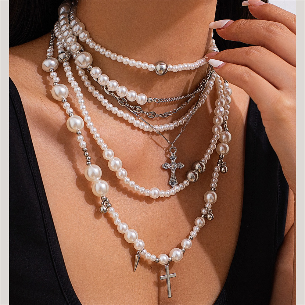 Layered Pendant Necklace Aesthetic - متعدد الطبقات تقليد اللؤلؤ حبة سلسلة
